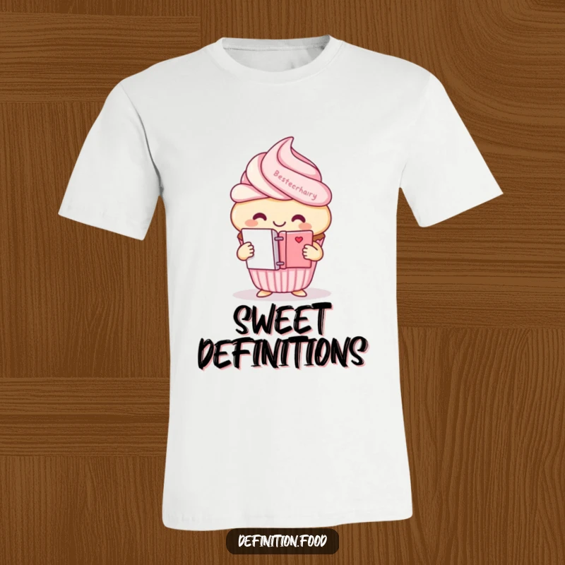Funny cheerful cupcake character t-shirt, holding a mini dictionary, perfect for bookworms.