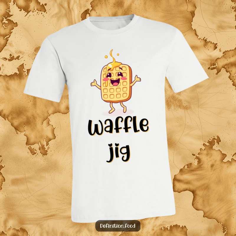 Funny waffle t-shirt, happy character doing a delightful jig, syrup drizzle, a fun and funny gift.
