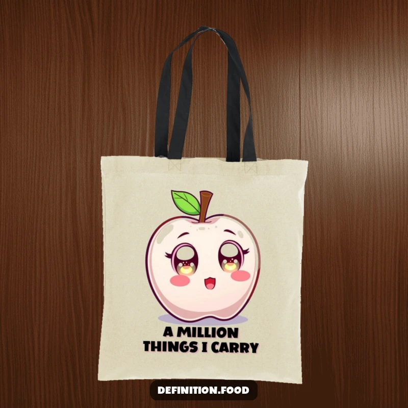 Funny tote bag featuring a candy apple character with comically wide, sparkling eyes, ready to hold your surprised finds.