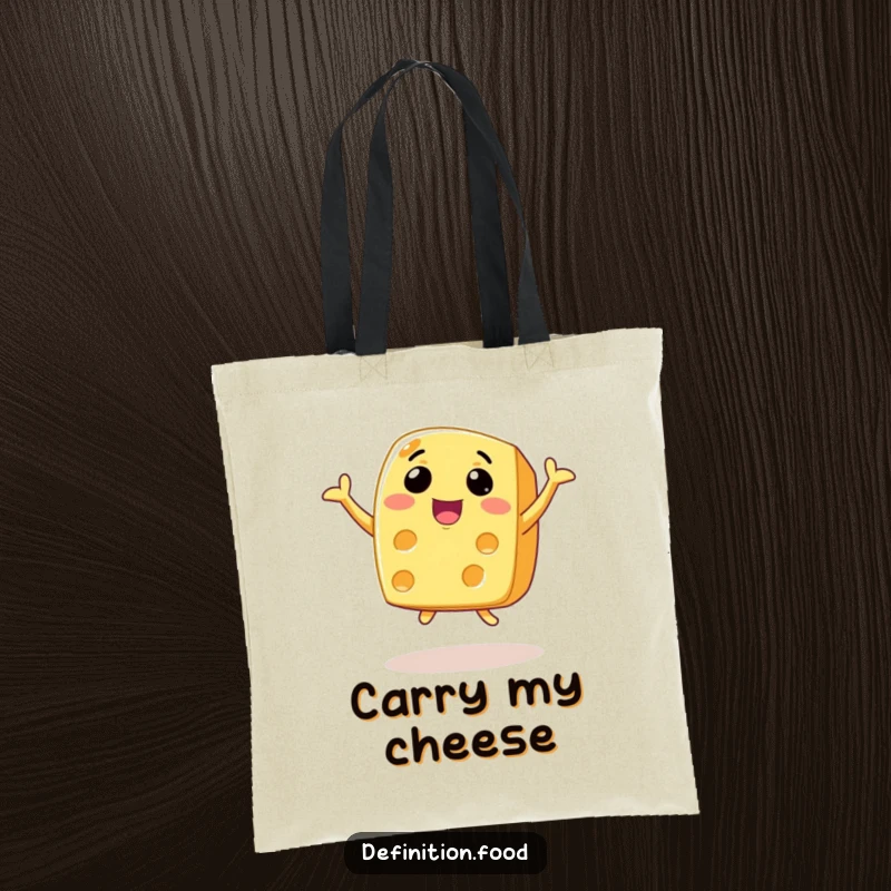 Funny animated cheese tote bag showing a wide-smiling cheese slice joyfully leaping, perfect for carrying essentials.