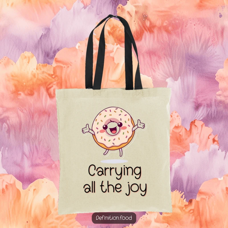 Funny tote bag with a spinning, sprinkle-covered donut character, designed to carry your belongings with a dose of sugary delight.