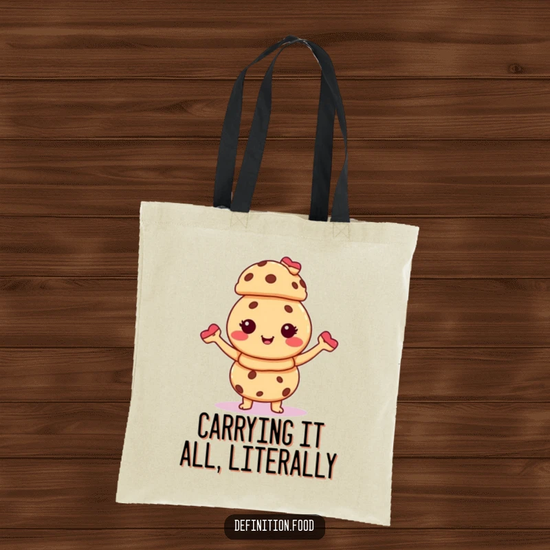 Funny tote bag adorned with a giggling cookie character masterfully balancing a precarious yet charming stack of mini pastries, ready for adventure.