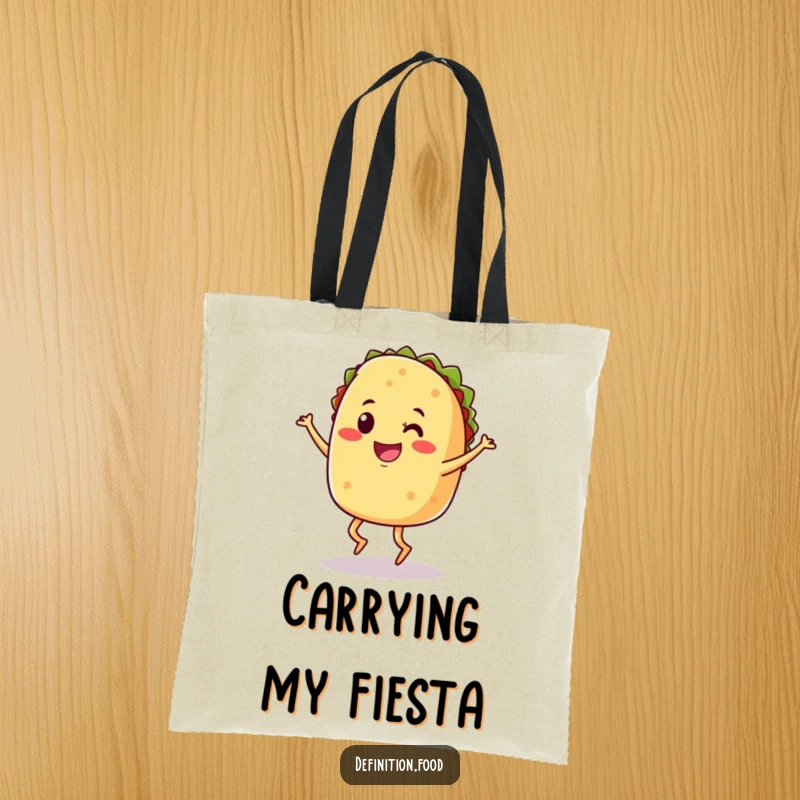Funny tote bag with a smiling taco doing a joyful jig, great for shopping trips.
