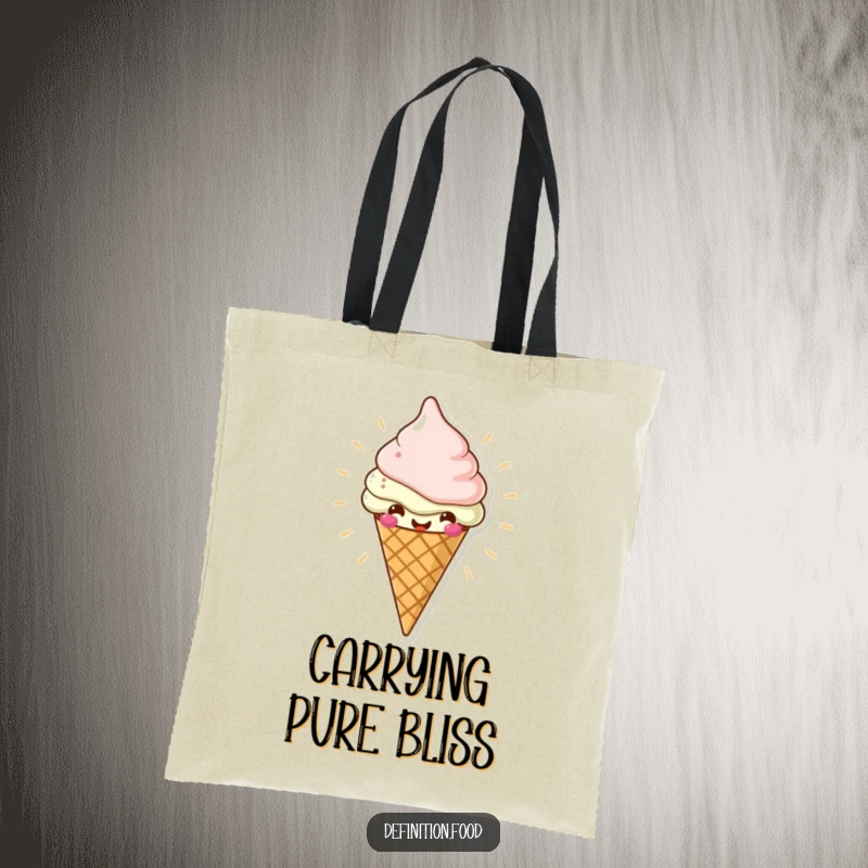 Funny tote bag with a cheerful ice cream cone character radiating deliciousness, perfect for shopping and a funny gift.