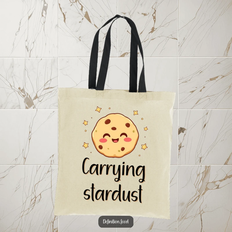 Funny smiling cookie character with tiny stars falling around it on a tote bag, perfect for carrying items with a magical flair.