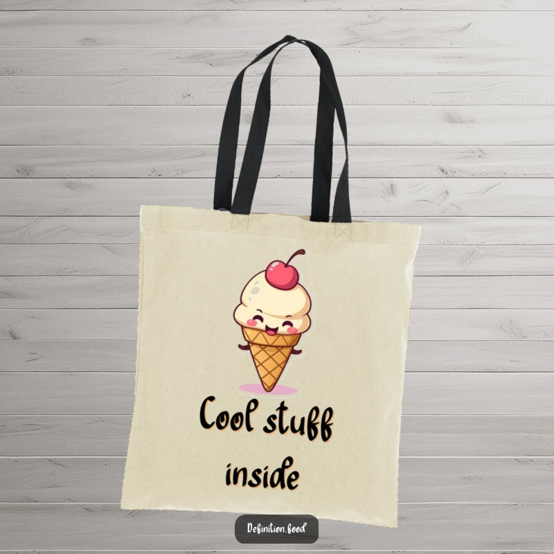 Funny tote bag with a delighted ice cream cone character wiggling its cherry topping, designed to carry your belongings with a dose of sweet fun.