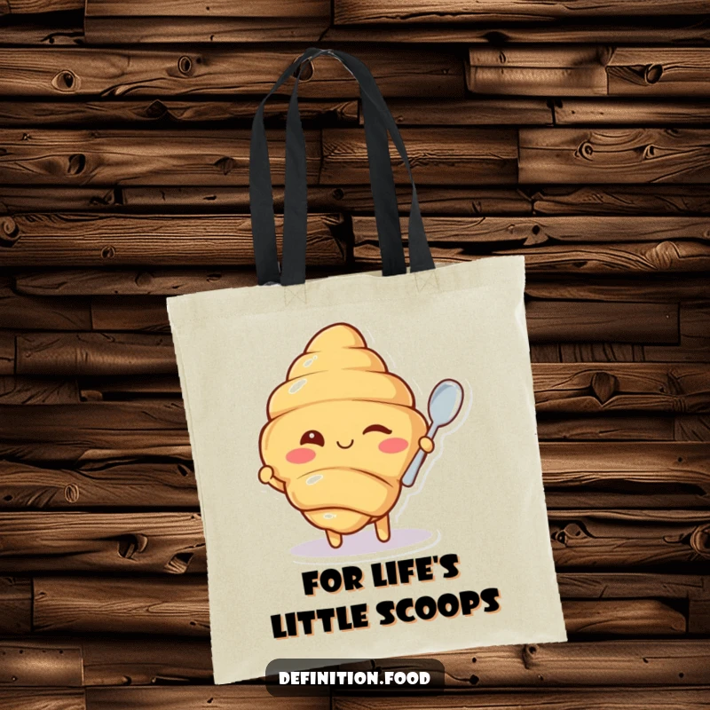 Funny tote bag showcasing a winking croissant character offering a miniature spoon, designed for stylish and humorous everyday use.