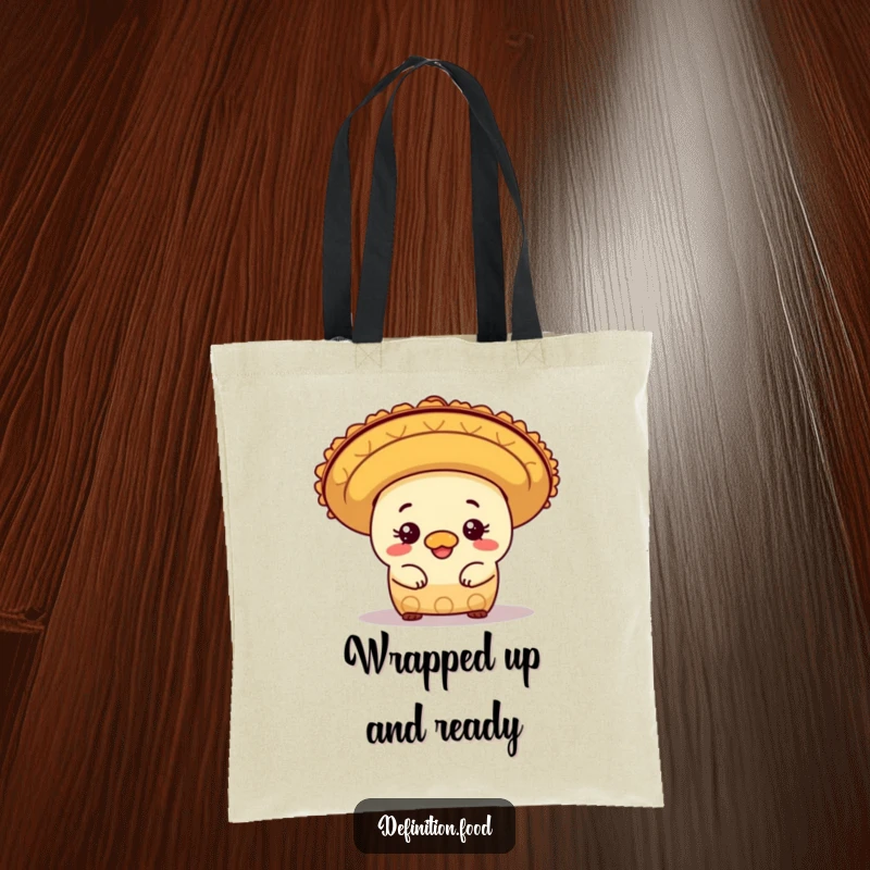 Funny mischievous burrito character peeking out from under a sombrero, printed on a durable and humorous tote bag.