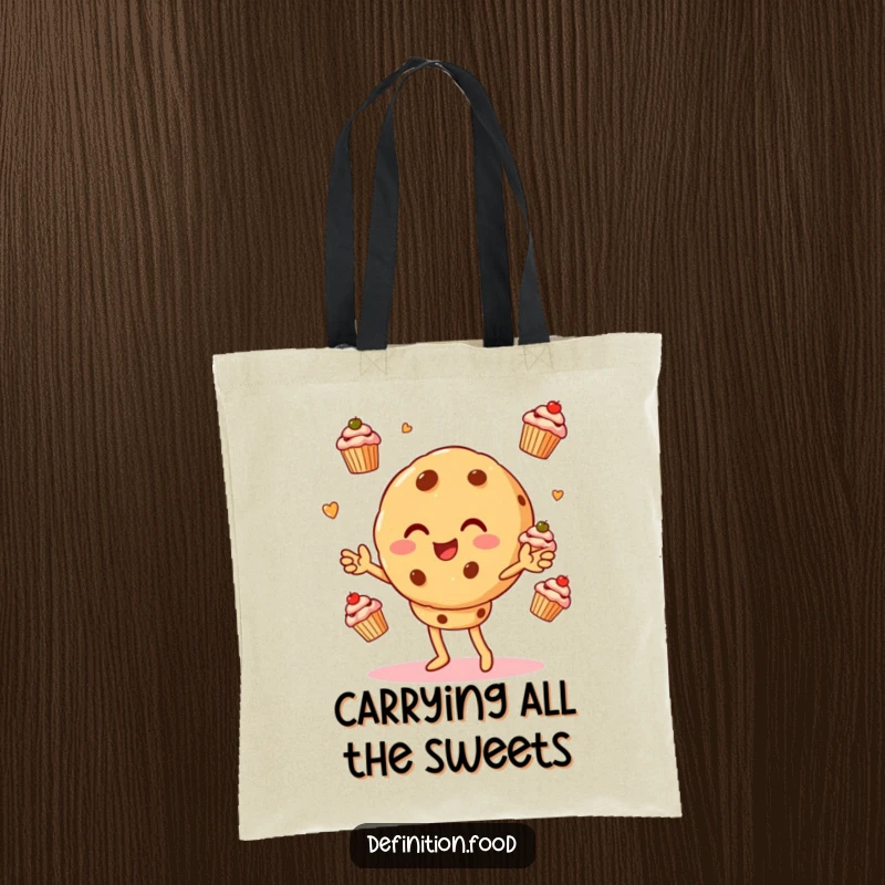 Funny tote bag displaying a gleeful cookie character masterfully juggling a pile of miniature cupcakes, ready for errands.