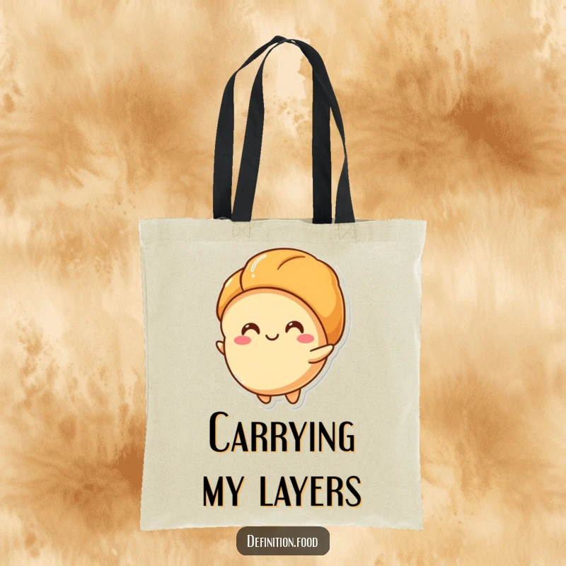 Funny tote bag with a happy croissant character unfurling its layers, perfect for groceries and a funny gift.