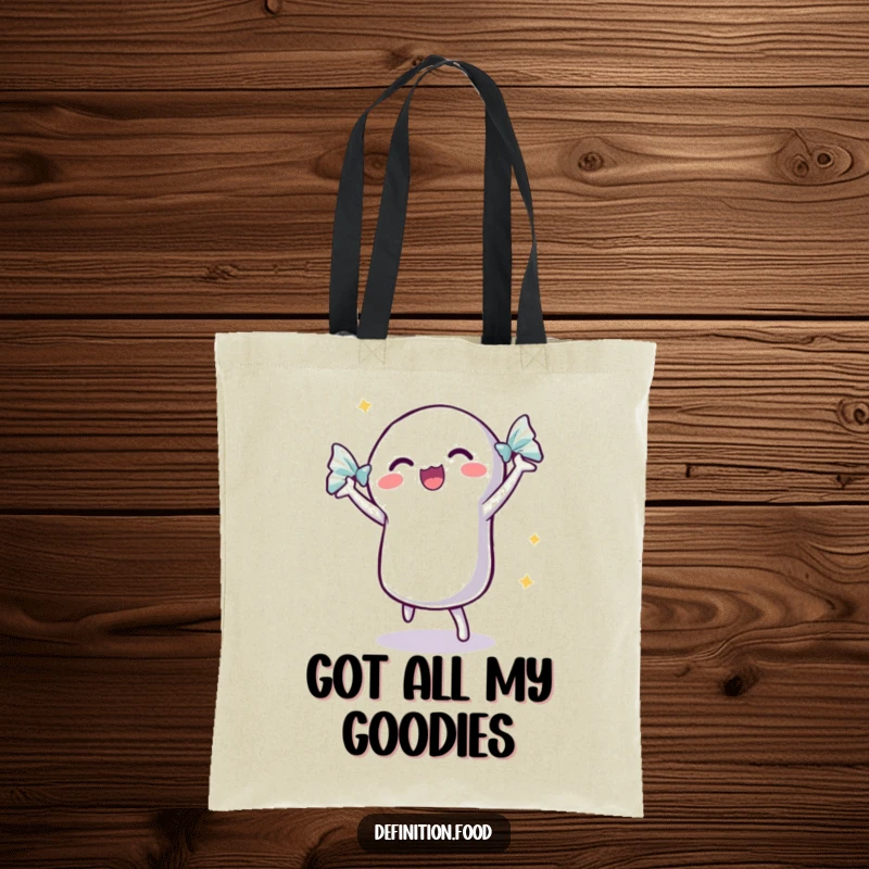 Funny dancing candy tote bag with a shimmering wrapper, showcasing an excited candy ready to dance.