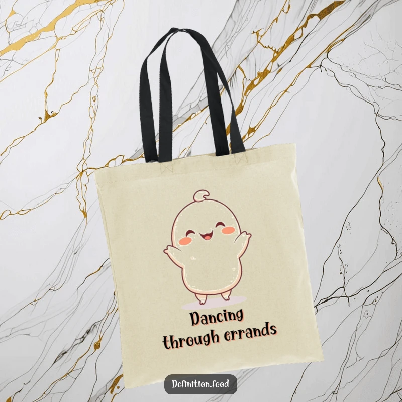 Funny tote bag with a smiling dumpling character doing a cute dance, perfect for shopping and a funny gift.