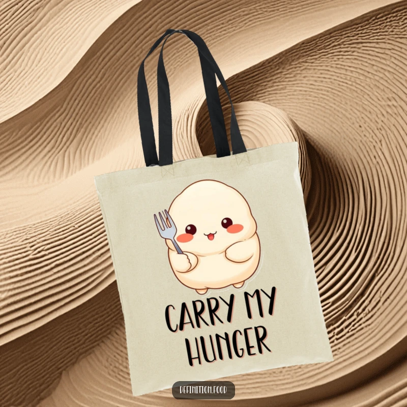 Funny Tote Bag showcasing a proud dumpling with rosy cheeks holding a tiny fork, a cute and practical accessory.