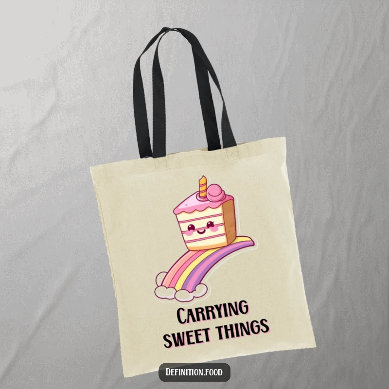 Funny grinning cake tote bag sliding down a rainbow, perfect for carrying treats with sweet humor. Great funny gift.