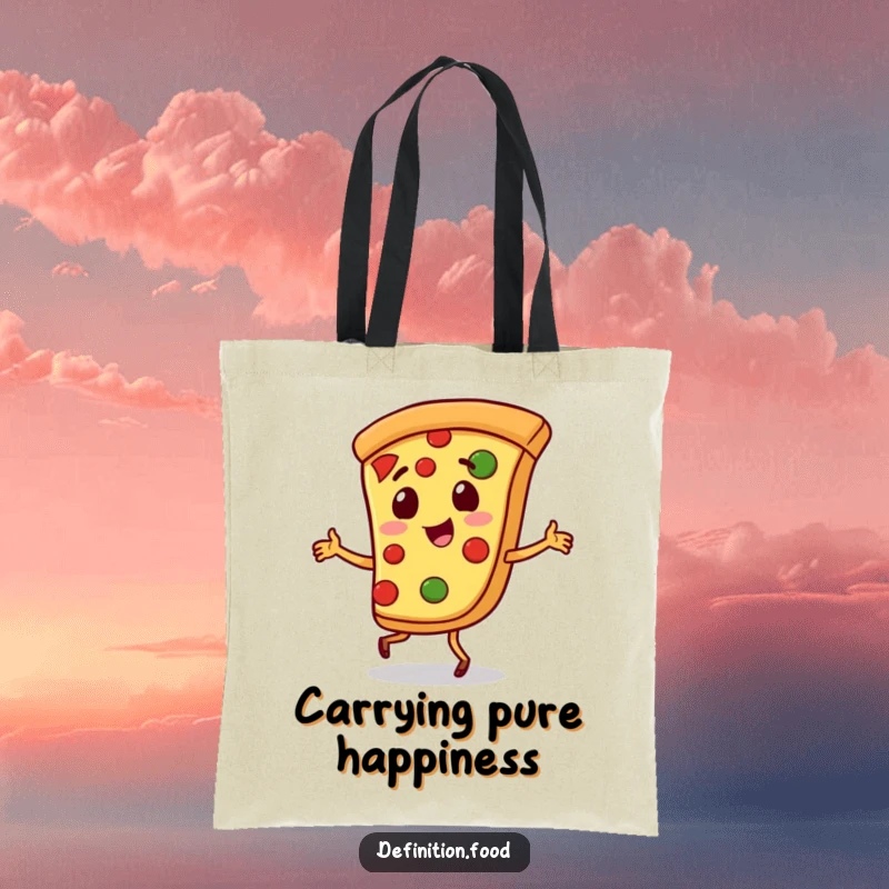 Funny pizza tote bag with a playful slice of pizza character doing a little jig, stylish for carrying.