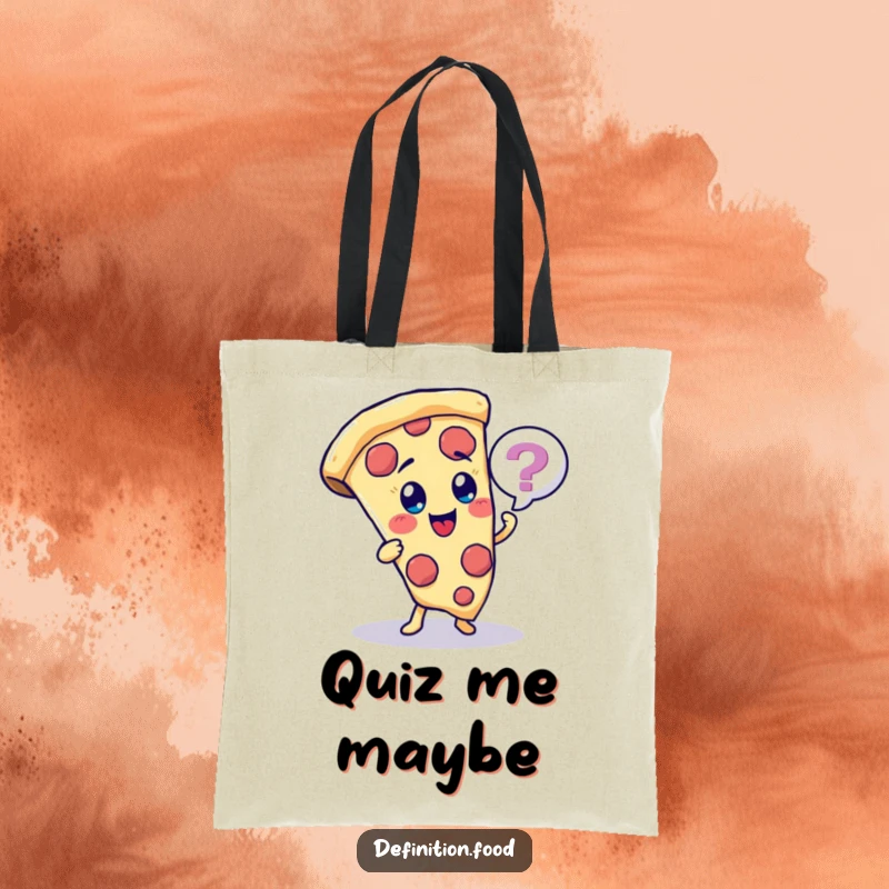 Funny pizza slice character tote bag, with a quiz bubble, great for shopping and smarts.