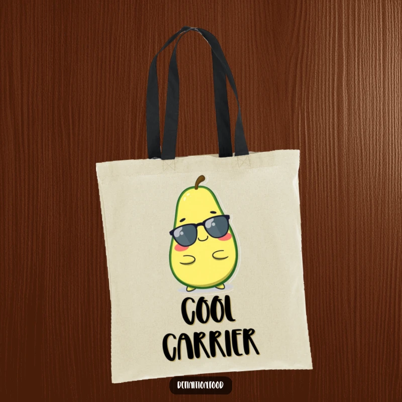 Funny avocado tote bag, a smiling character in a cool, relaxed pose, perfect for shopping, a stylish funny gift.