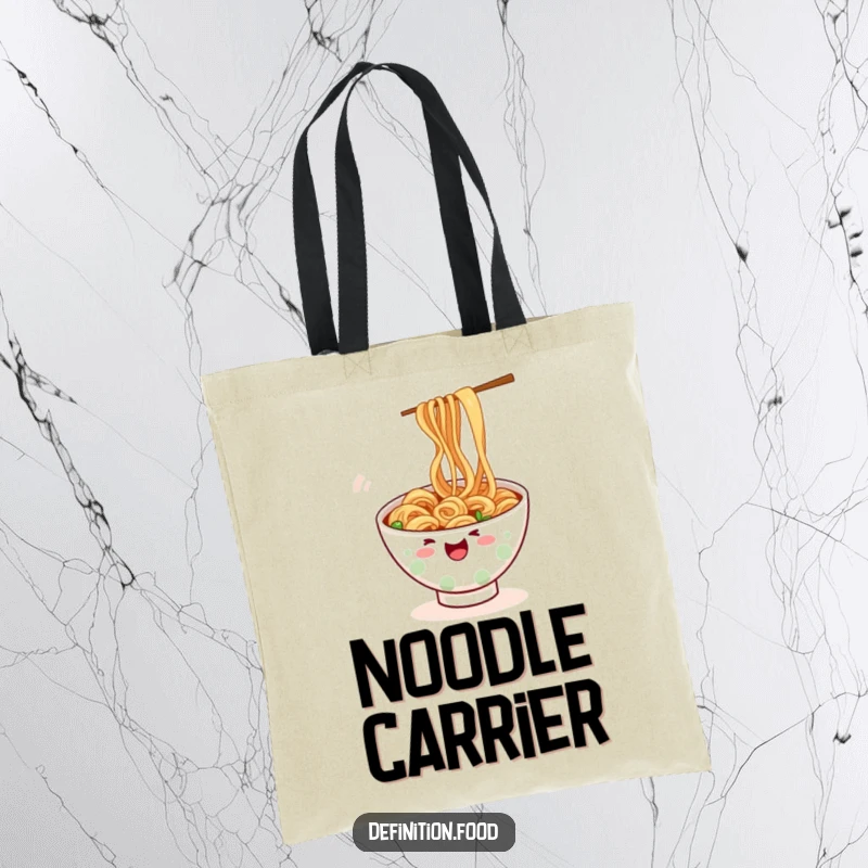 Funny ramen tote bag, a bowl of noodles playfully wiggling, perfect for groceries, a unique and funny gift.