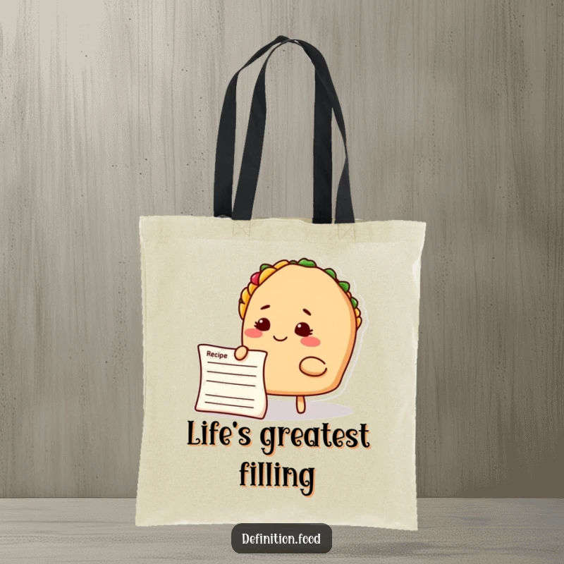 Funny taco chef tote bag, featuring a smiling taco character thoughtfully reading a recipe card, ideal for shoppers.