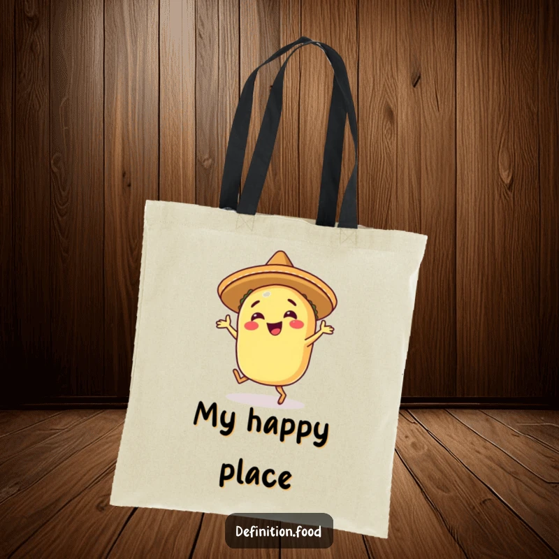 Funny happy taco tote bag featuring a taco in a sombrero, doing an energetic and joyful salsa dance.