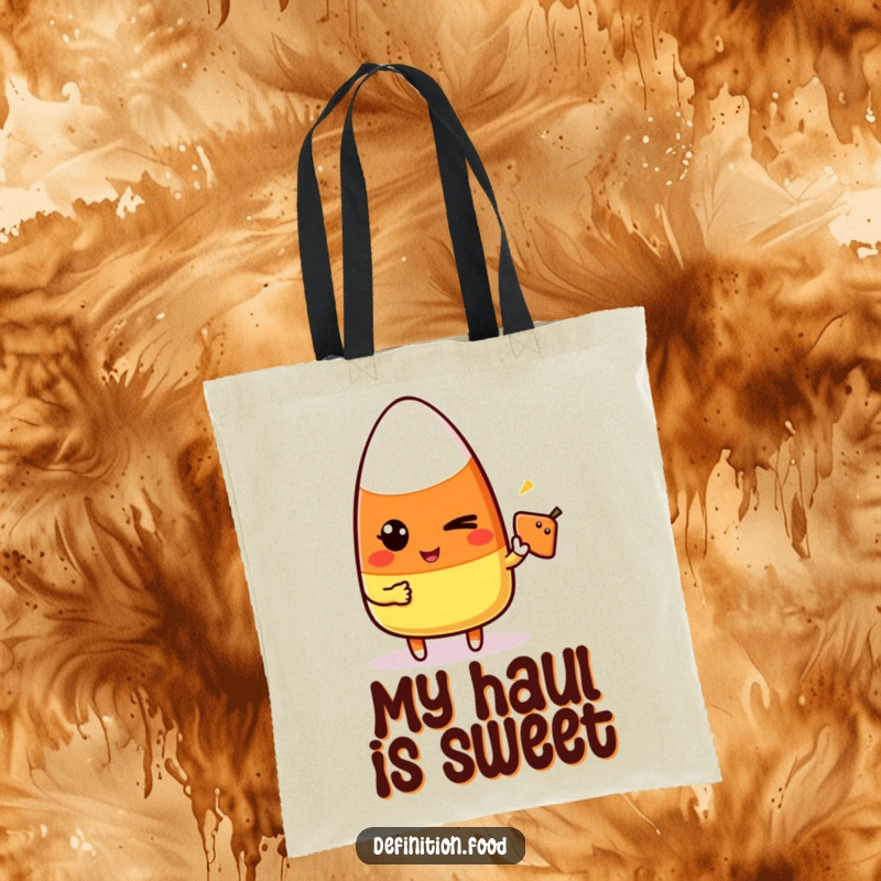 Funny candy corn character winking and pointing at a simple food icon on a durable tote bag, perfect for daily use.